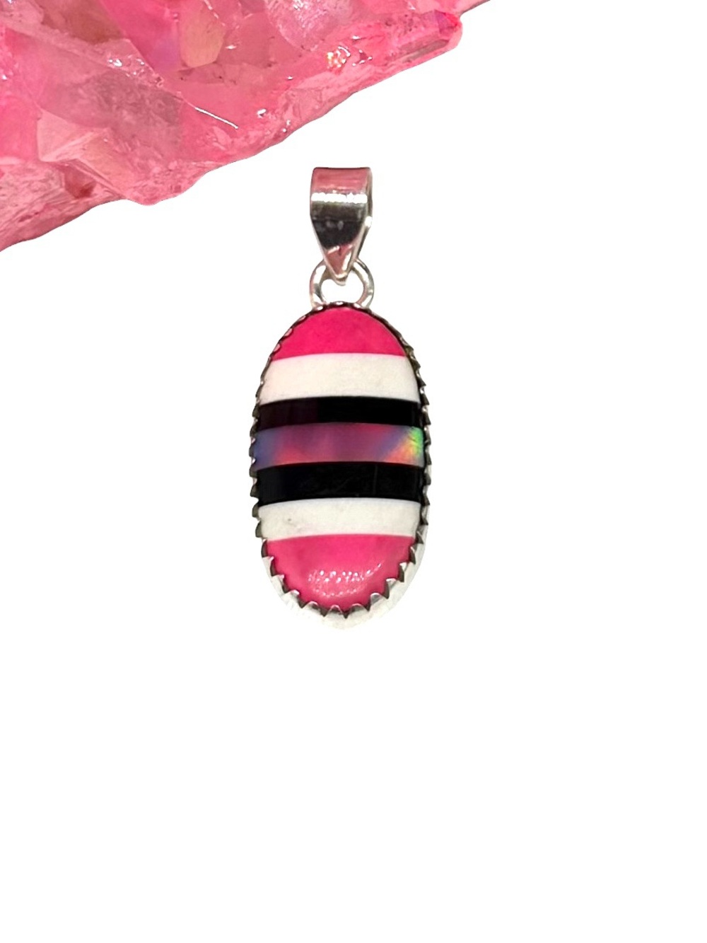 Aurora Fire Opal Black Onyx Pink Striped Necklace Pendant 925 Sterling Silver
